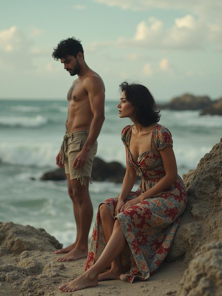 A lady sits on a rock by the ocean. A man stands nearby on the beach. The photo captures a tranquil coastal scene. The woman is dressed in a floral dress and exudes a relaxed demeanor. The man is shirtless with shorts. The setting features soft waves and a beautiful sky.