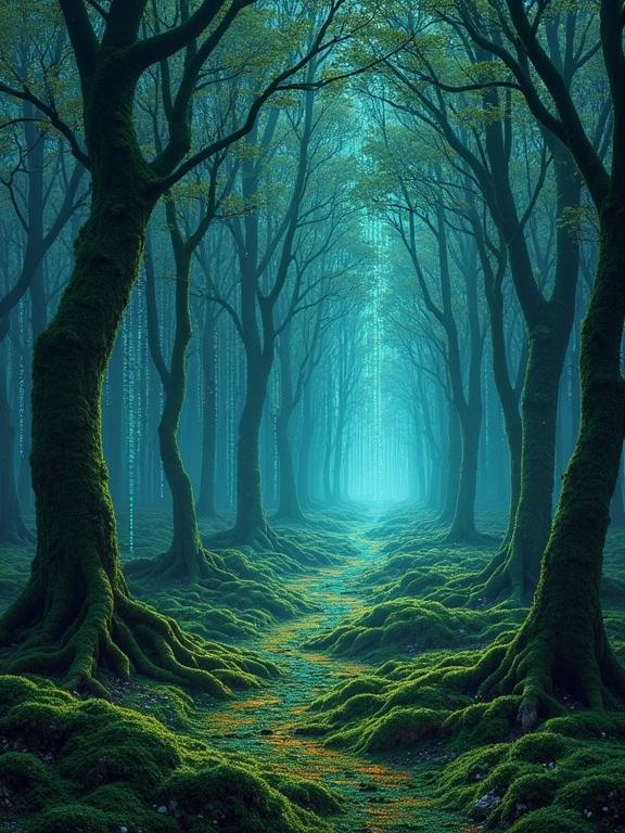 Serene bioluminescent forest with glowing data streams. Ancient trees intertwine. Forest floor covered in soft moss. Faint overlays of binary code and circuit-board patterns. Cascading light particles connect trees in a dance of information. Fluid and futuristic design with a mesmerizing atmosphere.