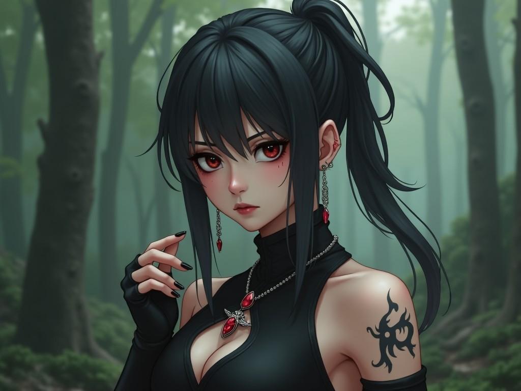 Create a realistic fantasy-inspired character with a serious expression. The character resembles an anime character in real life, featuring long black hair tied in a ponytail. They possess dark eyes with a mysterious look and scar-like marks. Dressed in a sleeveless black top and fingerless gloves, they have an abstract tattoo near the collarbone. Around their neck is a red gemstone pendant with a crow detail. Set in a blurred, mystical forest background, the atmosphere is dark and elegant, evoking a fantasy vibe.