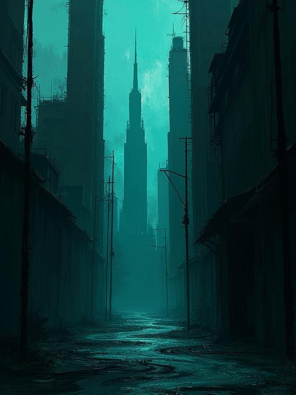 Digital oil painting with harsh strokes. Black background featuring modern surreal architecture elements. Unique silhouette in minimalist style. Turquoise color theme. Mature themes including a Lovecraftian monster. Partial illustration with rough textures. Suitable for logo design.
