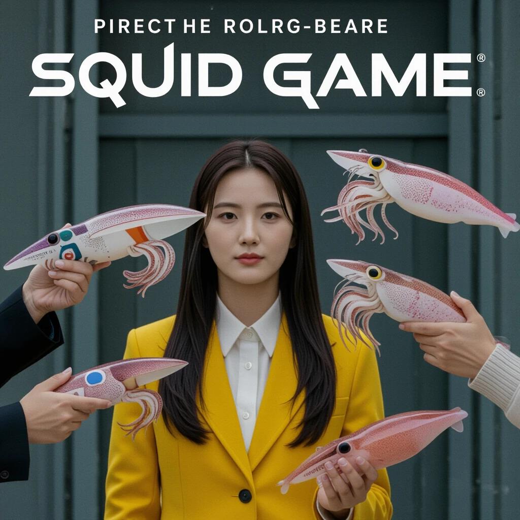 Five squid toys in a dramatic pose. One toy being pointed forward. Bold letters state 'SQUID GAME'. Character wearing bright yellow coat. Background features an architectural setting. Bright and colorful.