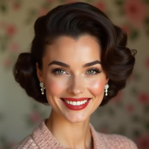 Beautiful housewife in 1950s style with perfect hairstyle. Sweet smile creates charm. Close-up portrait captures facial features. Diamond earrings add elegance. Floral wallpaper enhances the scene.