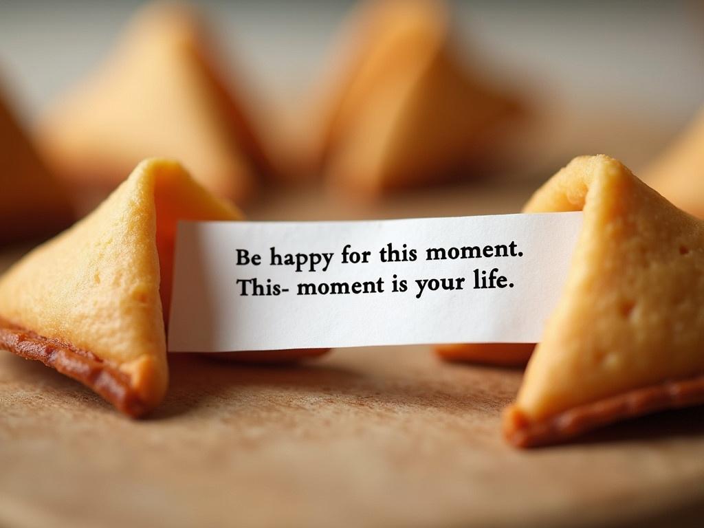 A fortune cookie is displayed prominently in the center of the image. The cookie is cracked open, revealing a slip of paper within it. The message on the paper reads: "Be happy for this moment. This moment is your life." The fortune cookie has a golden-brown color and a slightly glossy surface, emphasizing its deliciousness. The background is softly blurred to make the cookie and the fortune stand out. The overall mood of the image is uplifting and positive.