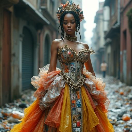 Breathtakingly beautiful woman in majestic gown made from urban waste. Gown incorporates crumpled plastic bags, aluminum jewelry, smartphone glass, tangled wires, structured cardboard, reflective tape. She picks up trash in a dirty alleyway. High contrast between radiant presence and grimy setting. Ultra-realistic rendering with detailed features and subtle pride and sorrow expression.