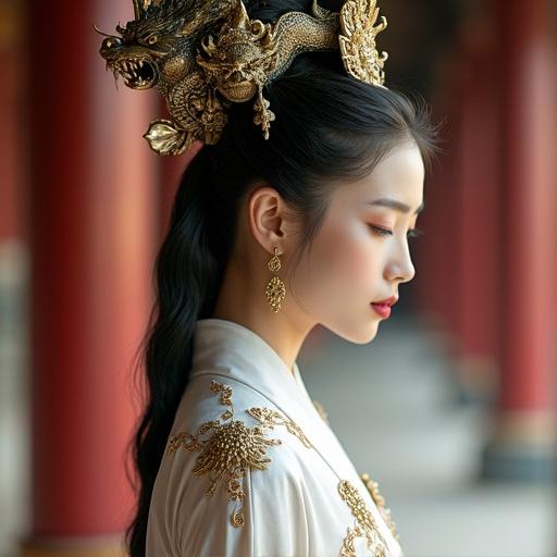 A young woman wears white traditional dress with detailed embroidery. A golden headpiece features dragon motifs. The setting is a temple with warm lighting. The focus is on the garments and headpiece, showcasing intricate designs inspired by ancient bronze vessels.