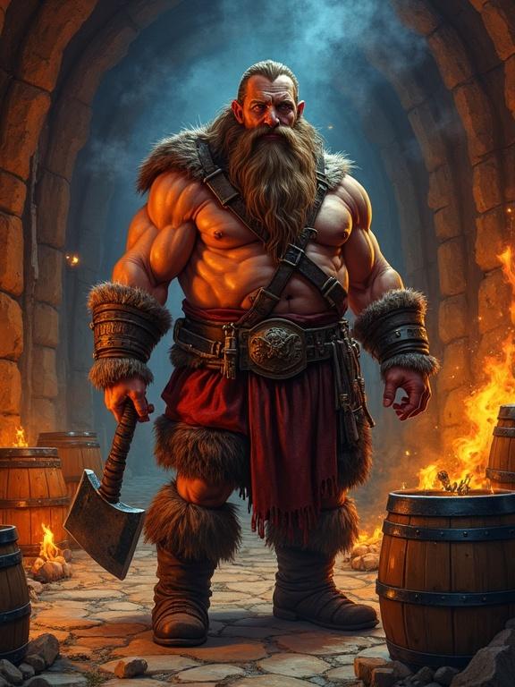 Hand-drawn comic book style illustration featuring a muscular dwarf with a beard holding an axe. He stands in a dimly lit tavern surrounded by wooden barrels and flickering torches. Vibrant colors used include rusty reds and deep browns with dynamic lighting from the fire and textured brush strokes on skin and clothing.