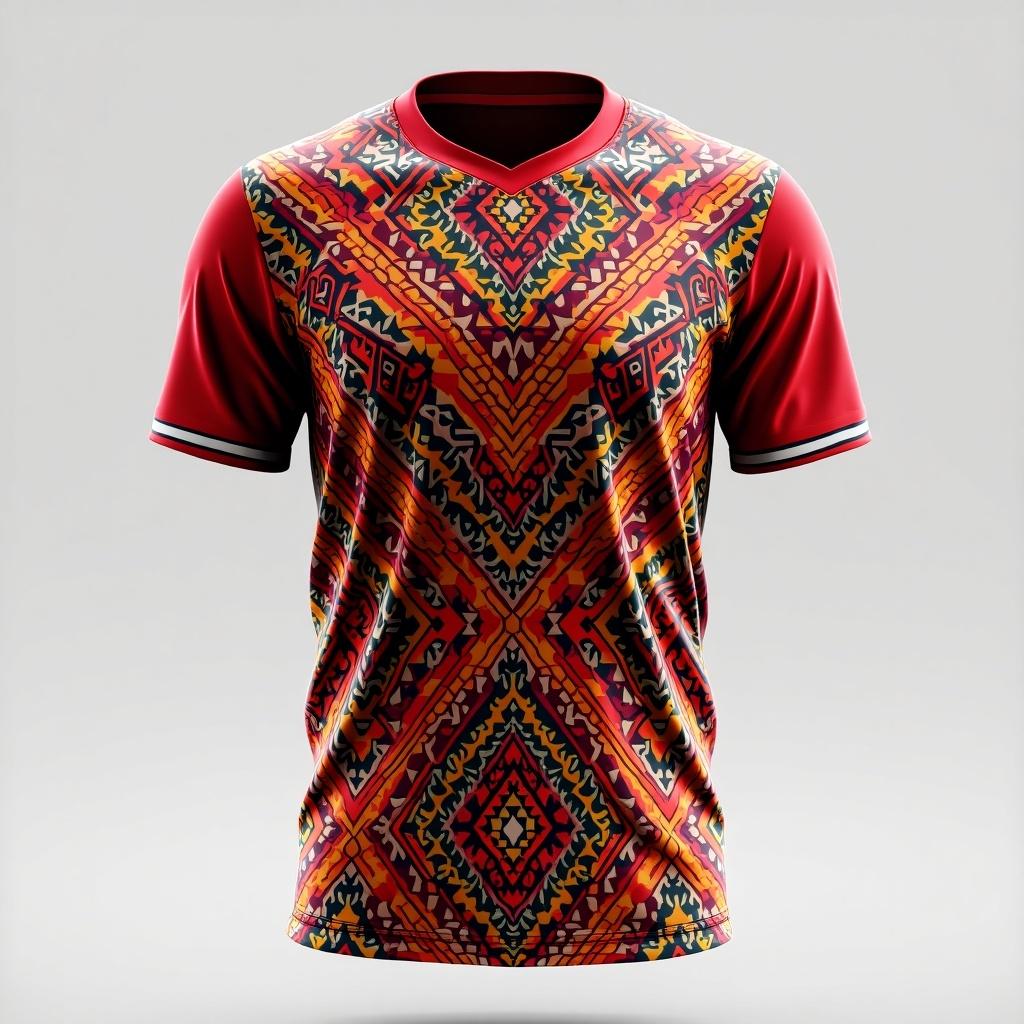 Design high-quality football T-shirt for Team Indonesia inspired by popular culture and nusantara mosaics. Shirt blends modern athletic aesthetics with traditional Indonesian artistry. Features vibrant colors and geometric patterns celebrating Indonesia's rich heritage. Perfect for fans showcasing cultural roots with style.