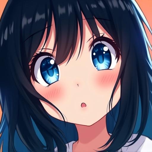 Anime style illustration of a girl with striking blue eyes and dark hair. The girl has a surprised expression. Background features warm colors.