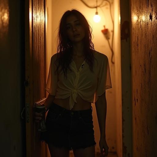 Neon-lit alleyway with humid air and jagged shadows over a weathered door. Young woman in a silk blouse and frayed skirt leans against doorframe. Damp hair, fingers tracing a mug. Room smells of mildew, walls peeling. Footsteps echo down the corridor. Scene captured in warm amber tones with a vintage 35mm camera, soft grain, and blurred background.