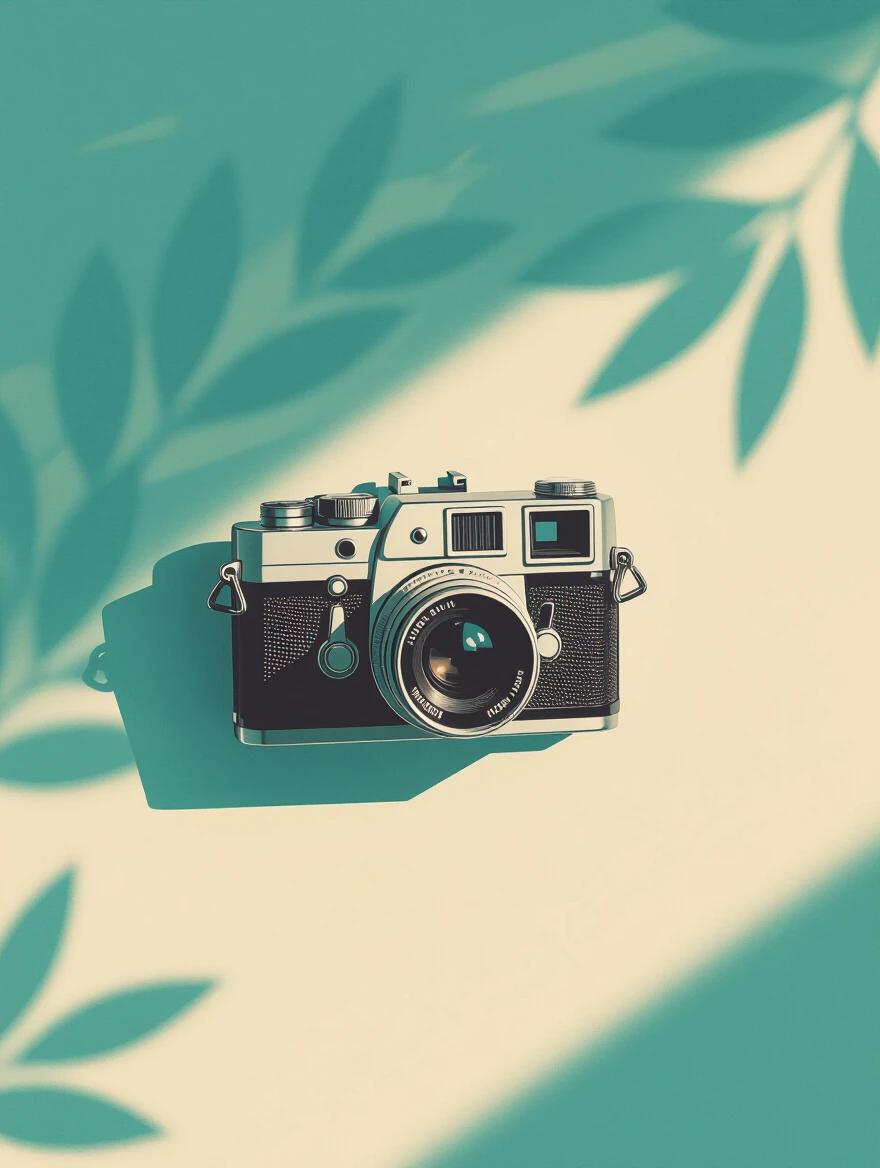 Minimal graphic design film poster featuring a vintage camera. Interesting turquoise lighting with tons of negative space. Clean background emphasizes the camera silhouette.