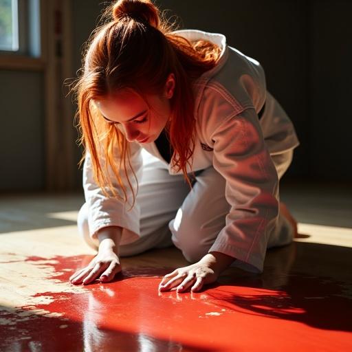Close up image of a kneeling female karate fighter in a dojo. Upper body leans forward with elbows on the floor. She looks down at red spots on the floor. Red hair clings to skin. Wearing a karate gi. Sunlight reflects on the dojo floor.