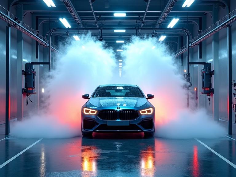 Modern car wash facility featuring a luxury car in an automated wash system with colorful soap suds and water sprays. Modern wash equipment and LED lighting create a clean high-tech atmosphere with emphasis on technology and premium service.