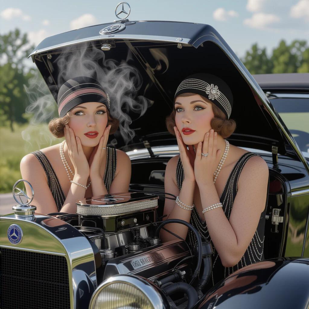Two women dressed in 1920s fashion with beaded dresses and cloche hats. Both showing expressions of confusion and wonder while gazing at a vintage car engine. The hood of the 1928 Mercedes-Benz is raised with steam emanating from the engine. A desolate cobblestone road is in the background with a period Citroen B12 slightly blurred. Golden hour sunlight casts a warm glow on the scene. An unopened toolbox is nearby.