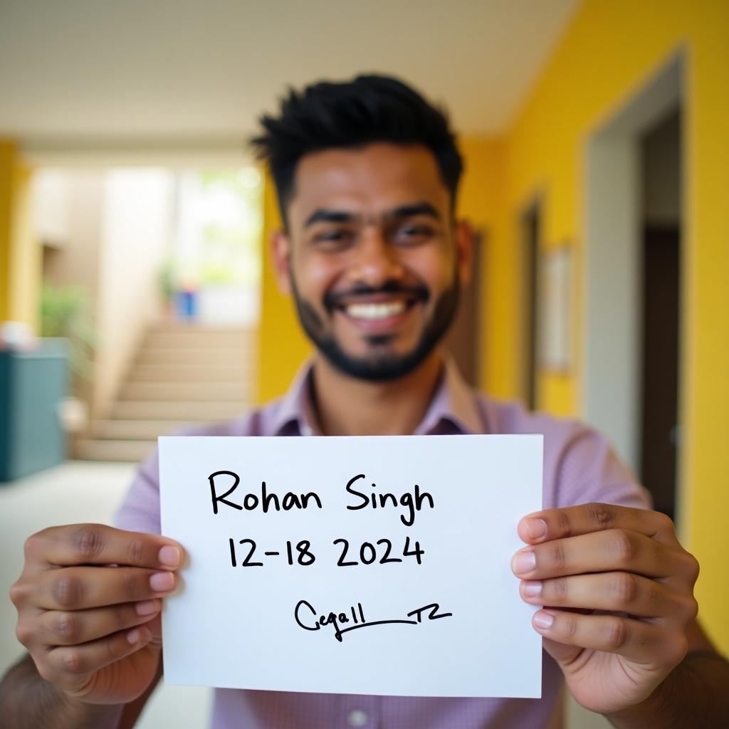 Selfie image with a person holding a paper. Name Rohan Singh written on the paper. Date 12/18/2024 included. Signature visible.