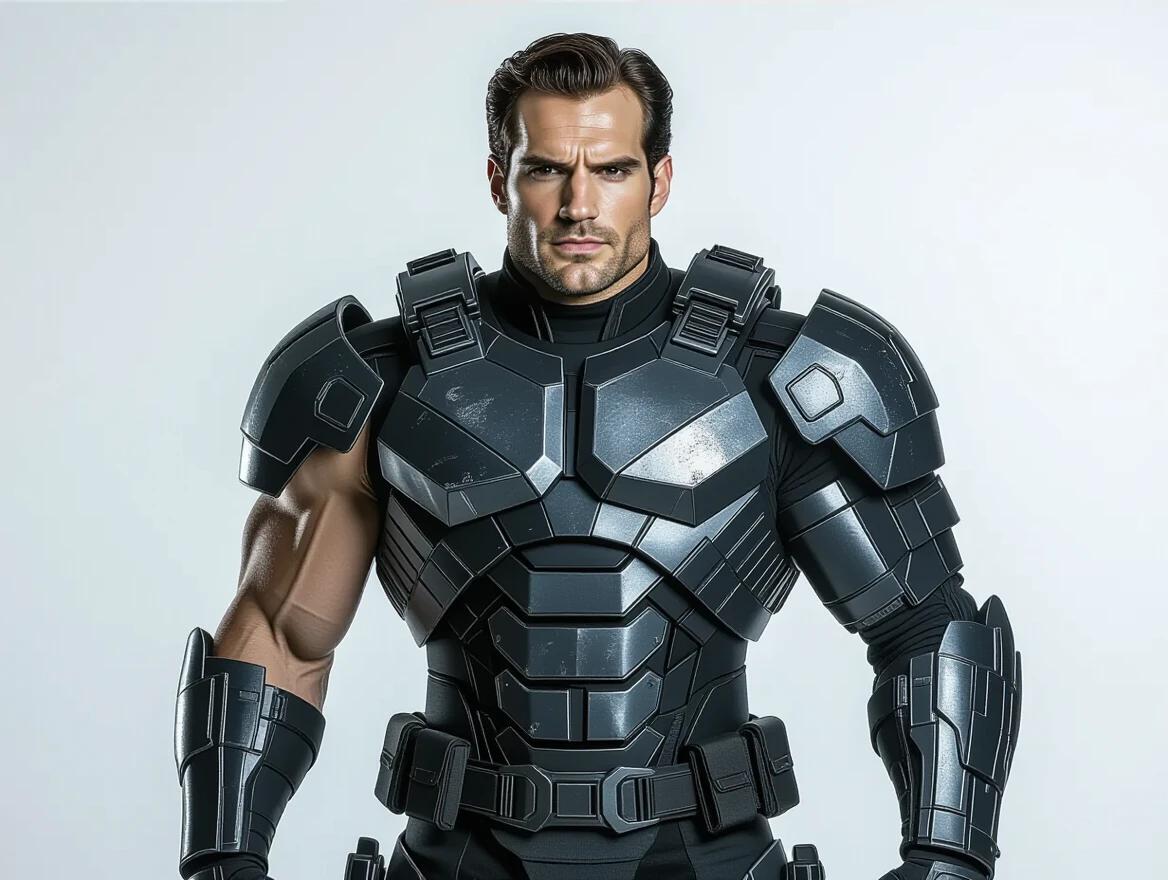 A handsome soldier resembles a known actor. Appears in professional armor. Showcases a massive and muscular physique. Depicts a futuristic transformation into a cyborg. Image is live-action and photographic style.