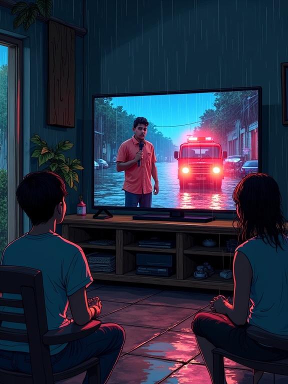 Colorful television broadcasting breaking news in Dominican home. Reporter stands in the rain near flood. Flashing lights from emergency vehicles present. Caption in Spanish stating authorities suspension of search. Neighbors watch silently, an elderly woman clasped hands, a young man stands wet in doorway. Room dimly lit with rain sounds. Somber emotional atmosphere.