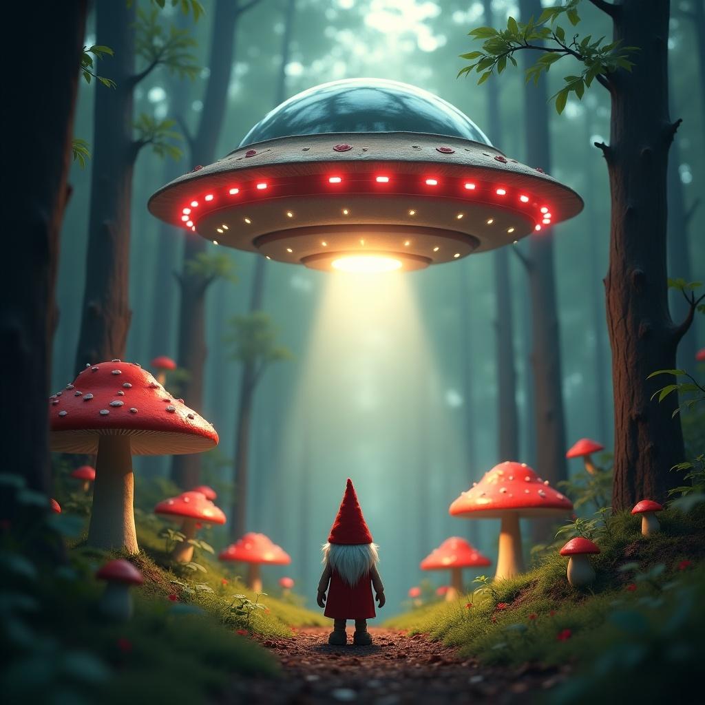 A gnome-like creature in a mushroom-filled forest gazes up at a hovering UFO. The saucer has vibrant red lights and emits a light beam onto the forest floor. The scene features towering mushrooms and dense trees, creating a surreal atmosphere.