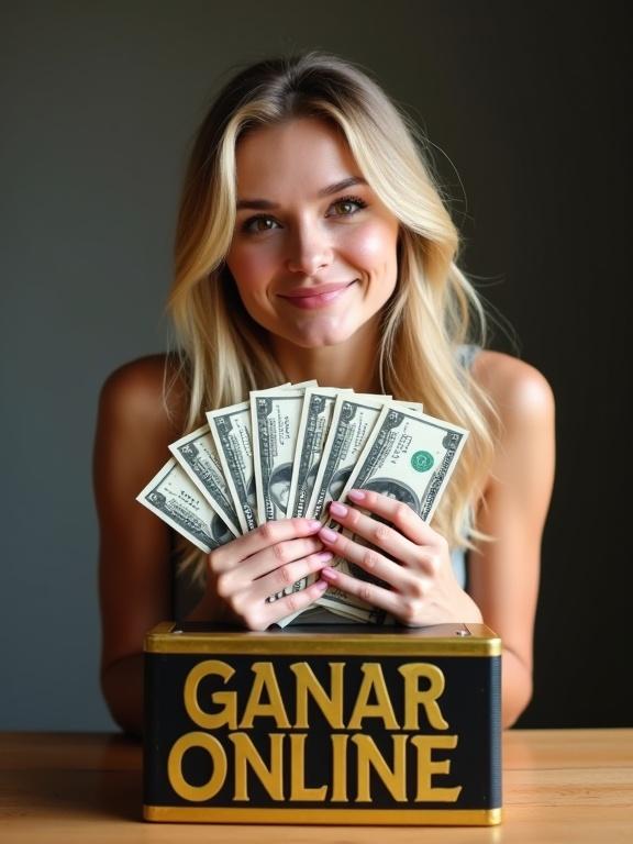 A woman holds several 100 dollar bills. She smiles slightly. She stands behind a box labeled GANAR ONLINE. The box is black and gold. The woman has blonde hair styled in loose waves. She wears an elegant outfit suitable for a product cover. The background features the box.