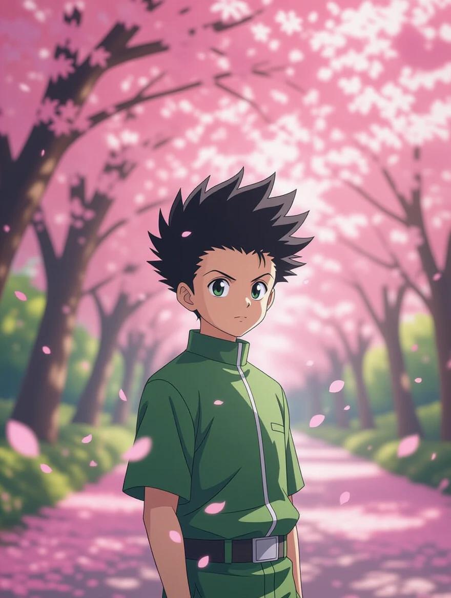 Cinematic anime-style boy standing under pink cherry blossom trees. Boy with spiky black hair. Dressed in a green outfit. Petals falling around him. Sunlight filtering through branches. Focus on his determined expression and eyes. Shot creates subtle motion parallax effect.