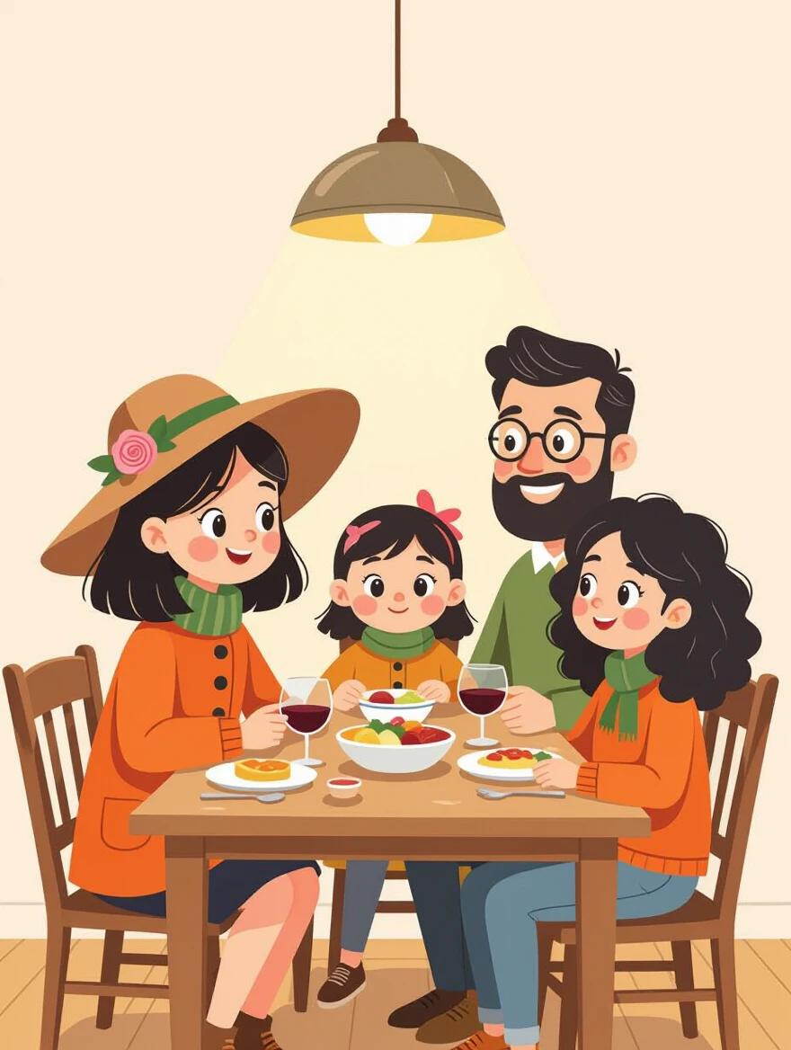 Illustration of a cozy family dinner. A family of four sits around a wooden table. The young girl wears a brown hat with a pink rose. They are enjoying their meal together. Soft lighting brightens the room. The walls are beige with artwork hanging. The scene evokes warmth and family connection.