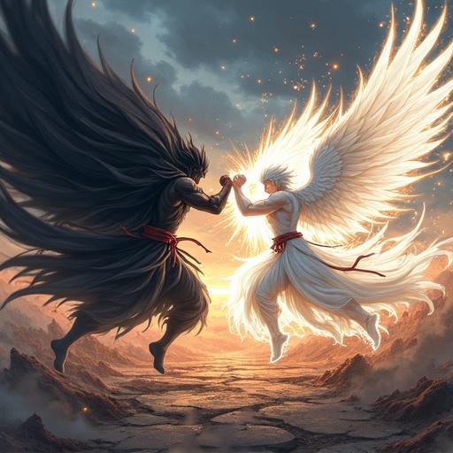 Dramatic manga fighting scene with two warriors clashing. One warrior has a black swirling aura. The other has a bright, angelic white aura. Sparks explode from their fists. The ground is cracked in a stormy setting. Anime-style art with high detail and dynamic lighting.