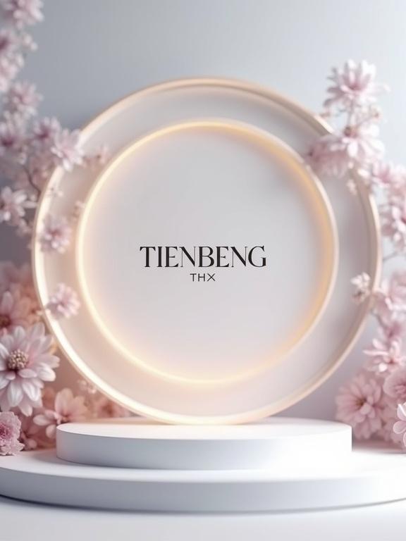 A minimalist 3D rendering showcases the text Tienbeng and Thx centered on a pale matte stage. Surrounding the text are rotating semi-transparent acrylic rings tinted with dusty lavender, pearl grey, and muted gold. Floral silhouettes and translucent panels create a layered look. Background features a blurred gradient of cool grey tones.