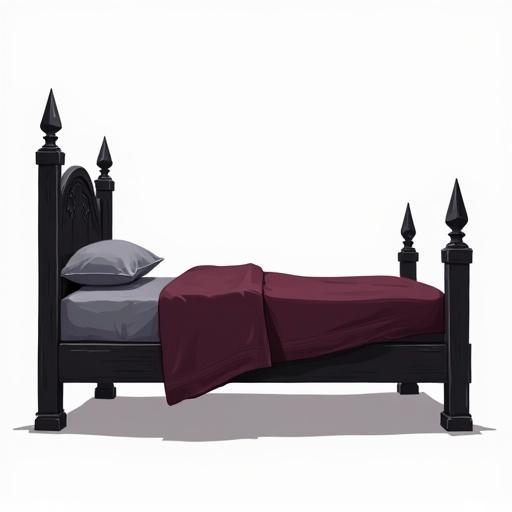 Simplified gothic bed in profile view. Low arched headboard. Minimal carved details. Black wooden posts and frame. Thin mattress with burgundy blanket and gray sheet. Subtle wood grain textures. Transparent background. 2D digital art style. Muted color palette.