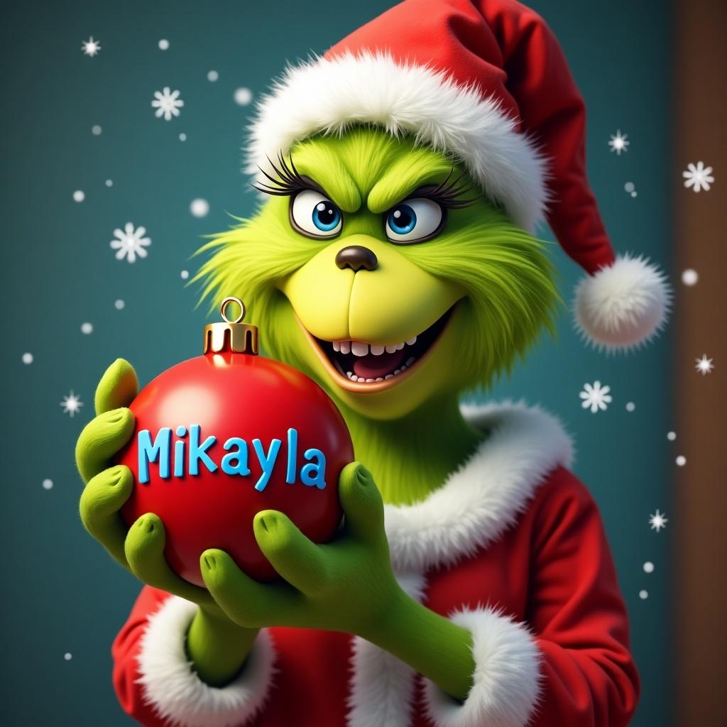 A Grinch character dressed in a Santa suit holds a red Christmas ornament. The ornament has the name Mikayla in blue. The setting is festive with snowflakes in the background.