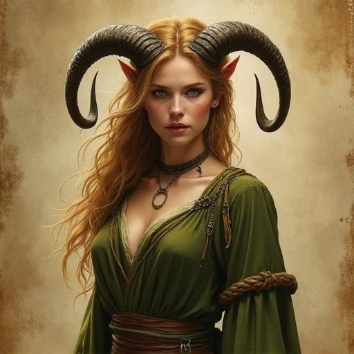 Portrait of a faun woman with satyr features. She has large horns and honey-colored hair. Green eyes suggest fierceness. Her attire is warrior-like. Background resembles worn parchment. Digital art influenced by Antonio J. Manzanedo, combines semi-realistic and epic fantasy elements.
