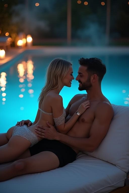 Two figures share an intimate moment at a luxurious poolside at night. One figure wears a shimmering swimsuit with cutouts and the other wears fitted swim shorts. They are looking lovingly at each other. Their bodies are illuminated by pool lights with steam rising gently from the surface, creating a dreamy atmosphere. Shot from a side angle with a soft focus on the background.