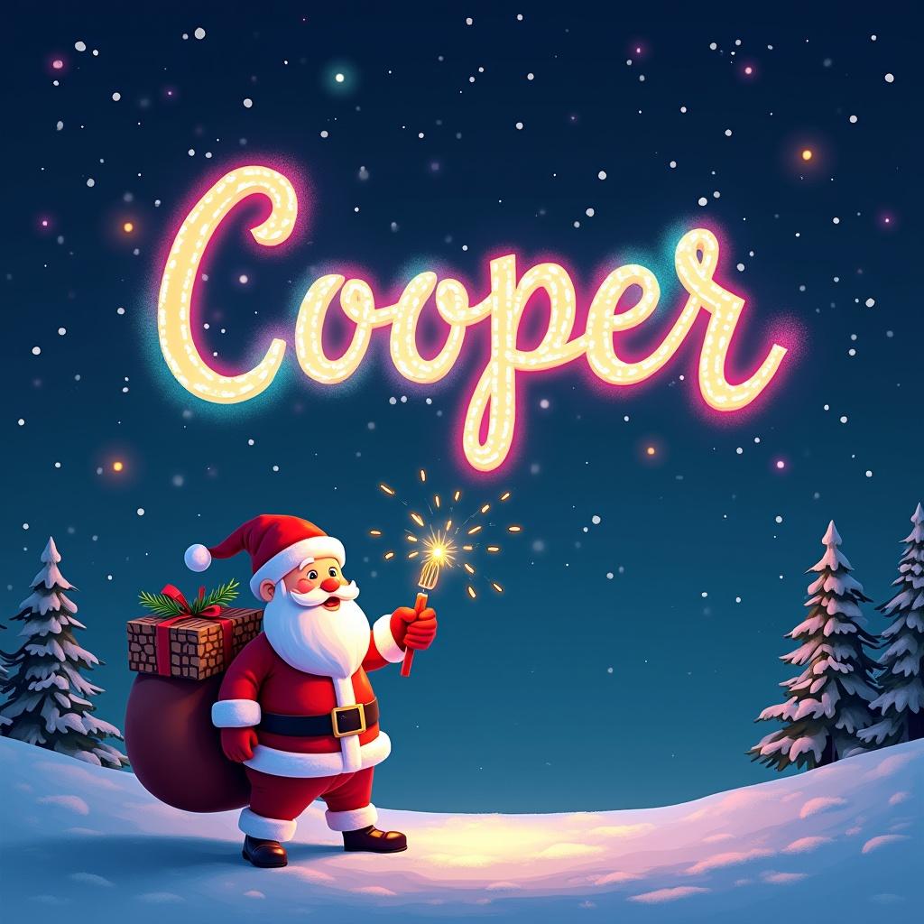 The image showcases a whimsical Christmas scene featuring Santa Claus. He is joyfully writing the name 'Cooper' in the night sky using a colorful glowing pen. The snowy background is adorned with evergreen trees, enhancing the festive atmosphere. Santa is dressed in his traditional red suit and carries a large sack filled with gifts. The scene is illuminated by a soft glow from the sparkler, creating a magical and heartwarming experience. Snowflakes gently fall, adding to the winter wonderland vibe.