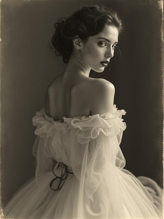A vintage sepia portrait of a beautiful model posed artfully wearing a flowing gown. Soft focus and diffused light create an ethereal quality. The image has a slightly grainy texture and a black and white sepia tone.
