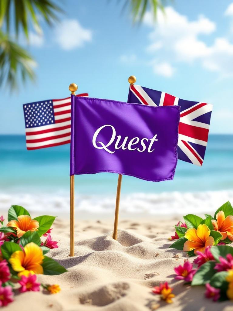 Three flags stand in Hawaiian sand. United States flag flies with stars and stripes. Purple flag displays 'Quest' elegantly. United Kingdom flag shows Union Jack pattern. Vibrant Hawaiian flowers surround the flags. Gentle waves and a clear blue sky enhance the beach atmosphere.