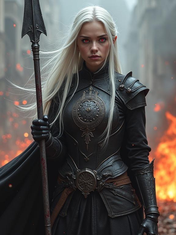 Full body shot of a young woman with long white hair and red irises. Clothed in a black armored dress featuring an engraved chest plate. Holds a great silver spear with blood. Stands undefeated among a raging battlefield.