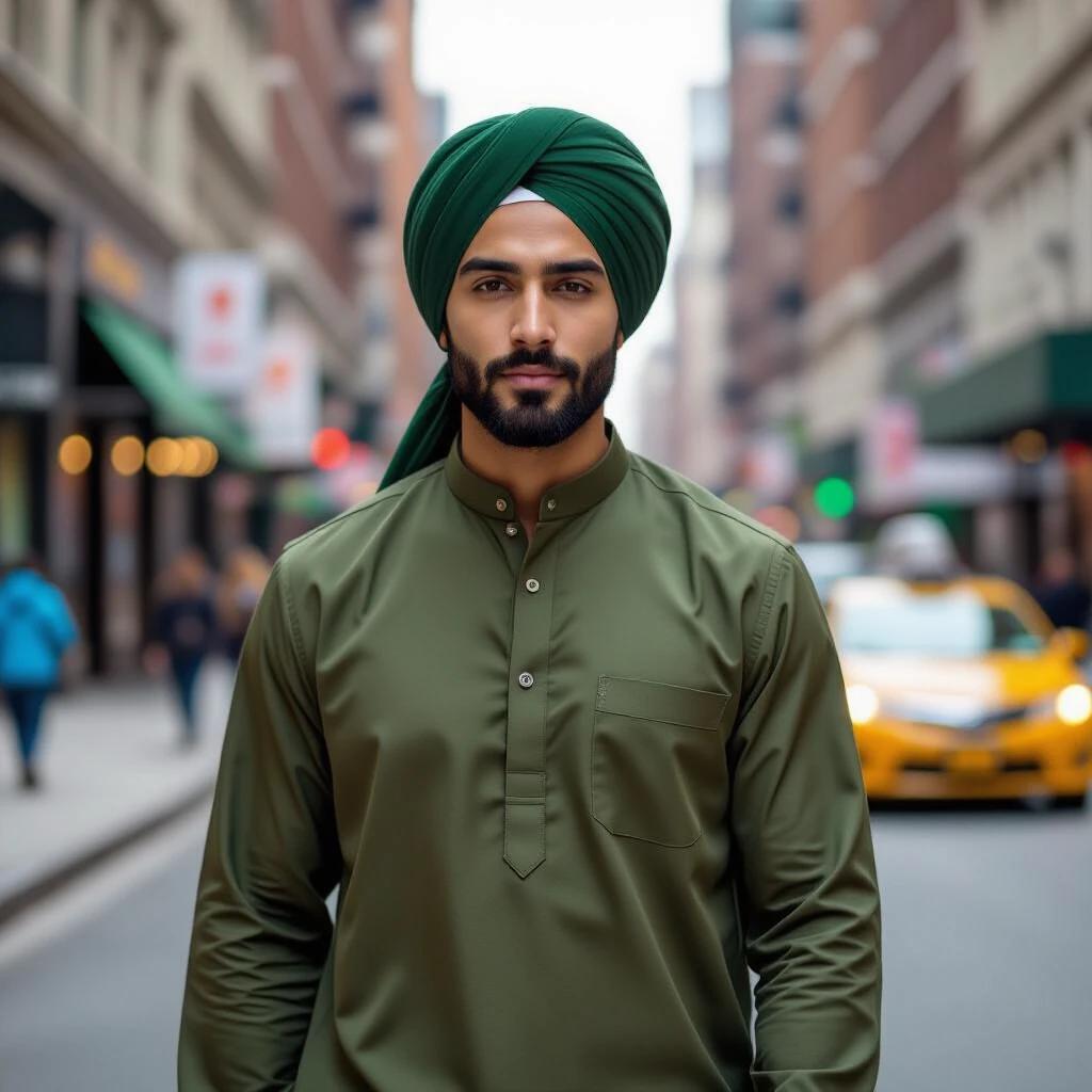 Stylish man walks through urban street. He wears an olive green tunic and turban. The city background shows movement and modernity. The setting is New York with urban buildings.