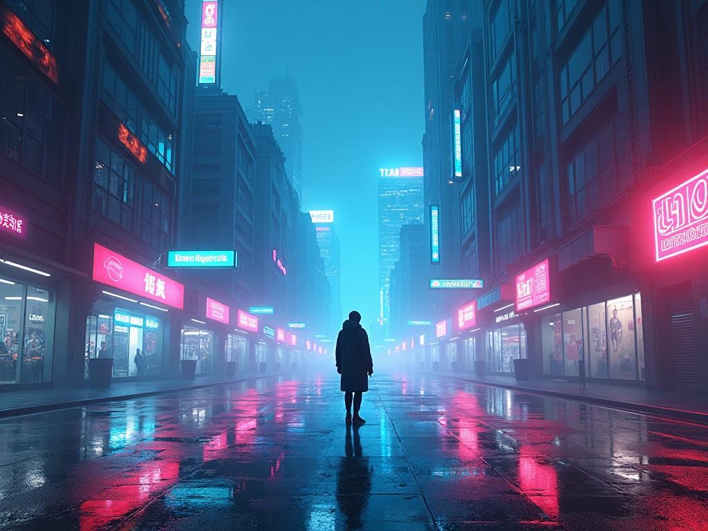 A lone figure stands on an illuminated futuristic city street, surrounded by towering skyscrapers with glowing neon signs. The street is wet, reflecting the vivid lights above. The atmosphere is moody and vibrant, capturing a cyberpunk aesthetic. The buildings are tall, creating a sense of grandeur while the lone figure adds a feeling of solitude. Neon pink and electric blue create a striking contrast against the dark surroundings.