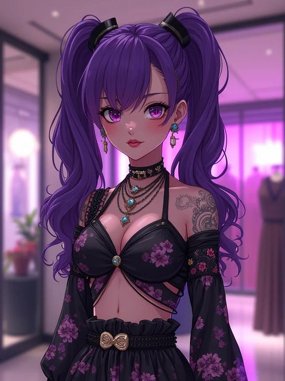 Anime character with amethyst purple hair. Woman wearing edgy black dress featuring floral designs. Jewelry includes amethyst diamond pieces. Background is a luxurious boutique. The scene reflects a modern fashion atmosphere.