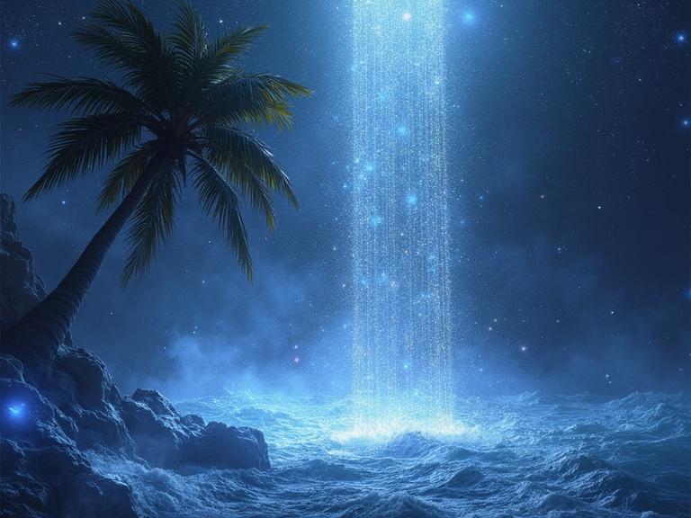 A shimmering ocean with a 3D texture resembling a waterfall of light. A palm tree stands on the side. Stars drift through a dark sky, creating a tranquil atmosphere.