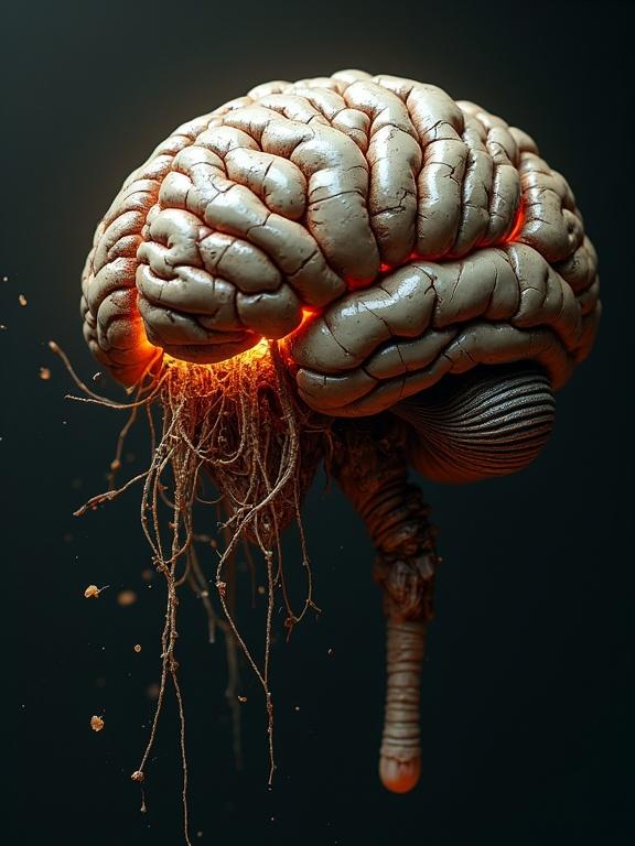 Organic brain breaking free from decaying shell. Insect shedding skin ecdysis process. Cracked outer brain oozing textures. Emerging brain glowing fusion of synthetic alloy and neural fibers. Transformation moment cyber-organic evolution theme dark background cinematic lighting.