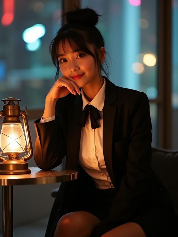 Photo of a young woman in a black blazer and bow tie sitting in a dim room. Warm, glowing lantern on a table beside her. She has dark hair in a bun and is wearing a white shirt and a short skirt. Relaxed posture with her hand on her cheek and arm on the table. Soft, artificial lighting creates a glow. Background has colorful blurred lights.