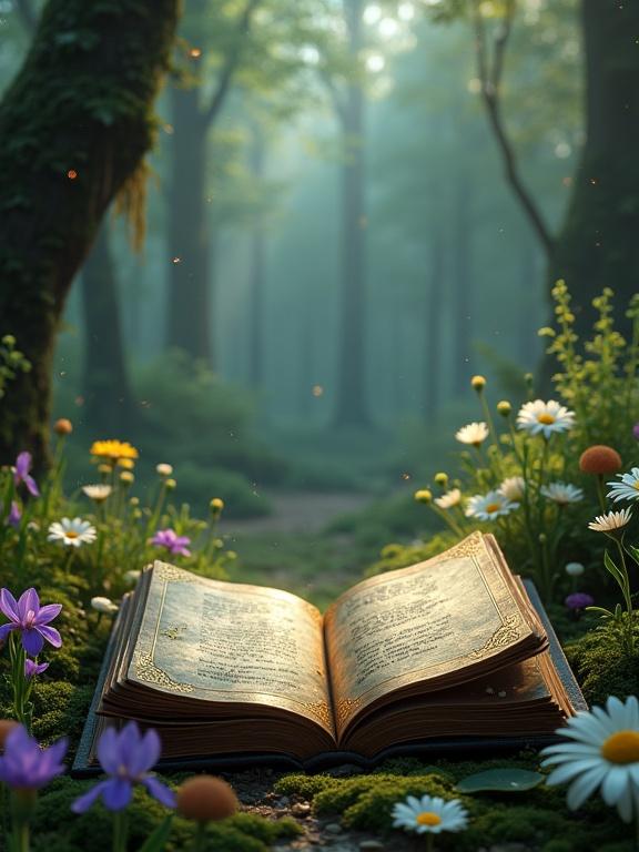 Horizontal hyperrealistic image of an open antique book with dark leather covers in an enchanted forest. The book features gold embossing and vintage illustrated pages. Surrounding the book are blooming flowers like daisies, field irises, and alstroemerias. The soft misty background shows tall trees with glowing moss and dim light. The overall mood is dreamy with luminous particles in a serene, nature-rich environment. Clear center space ideal for adding a person later.