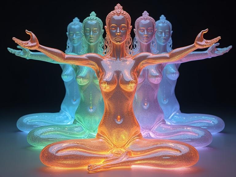 3D model of anthropomorphic glass and crystal female figures performing a yoga pose. The figures exhibit a luminescent glow, each with distinct vibrant colors. They are arranged in a symmetrical, choreographed pose with wide open legs. The artwork combines soft and vibrant colors.