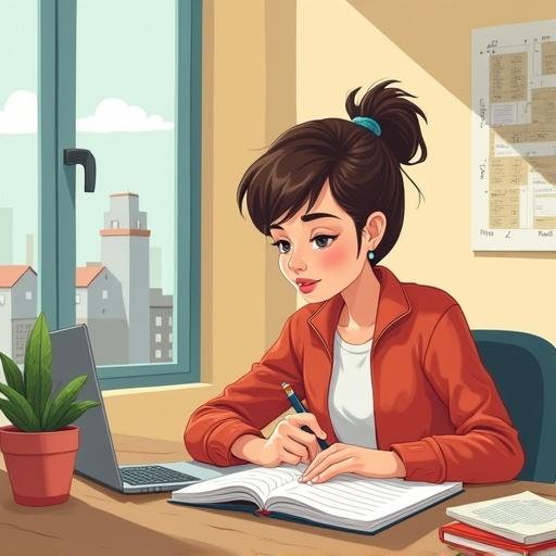 Cartoon style image of a student studying. Student uses a laptop and writes notes in a notebook. Pomodoro technique is visualized in action.
