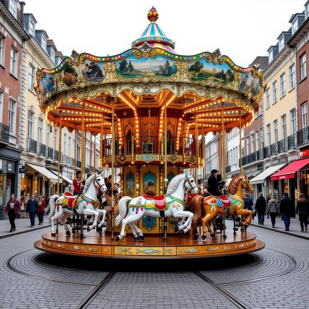 Image of a carousel in a city setting. Carousel features brightly colored horses. Surrounding area shows people walking and enjoying the scene. Details of the carousel include lights and decorations. Atmosphere is cheerful and inviting.