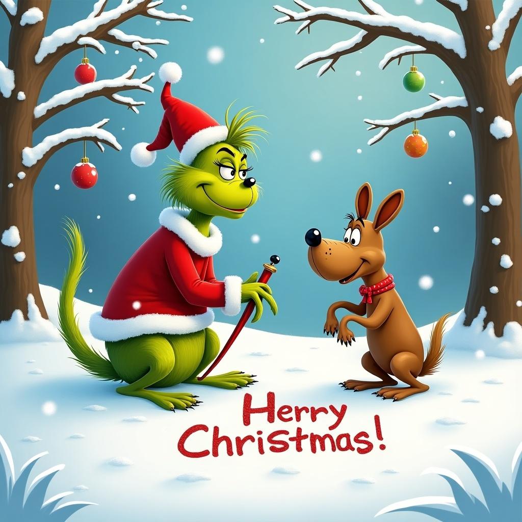 Whimsical winter scene with Grinch and his dog Max. Grinch wears red Santa outfit. They are on snowy ground. Snow-covered trees have Christmas ornaments. Grinch plays while writing names in snow. Cheerful atmosphere with falling snowflakes. Scene captures humor and heartwarming moments of holiday tales.