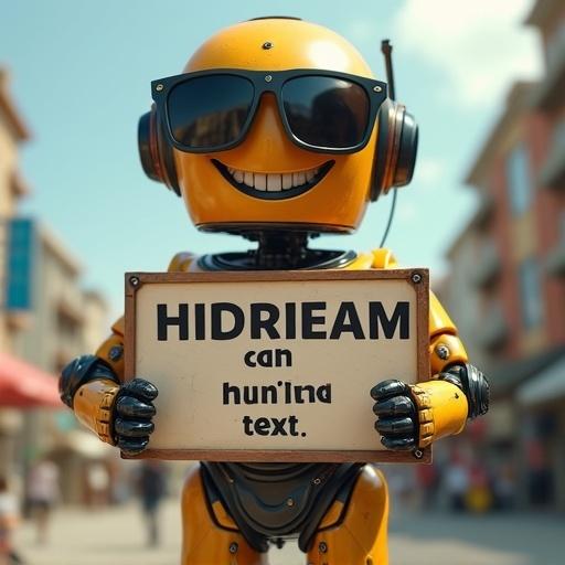 Realistic cinematic shot of a smiley robot wearing casual clothes and sunglasses. Robot holds a sign that reads HIDREAM can handle text.
