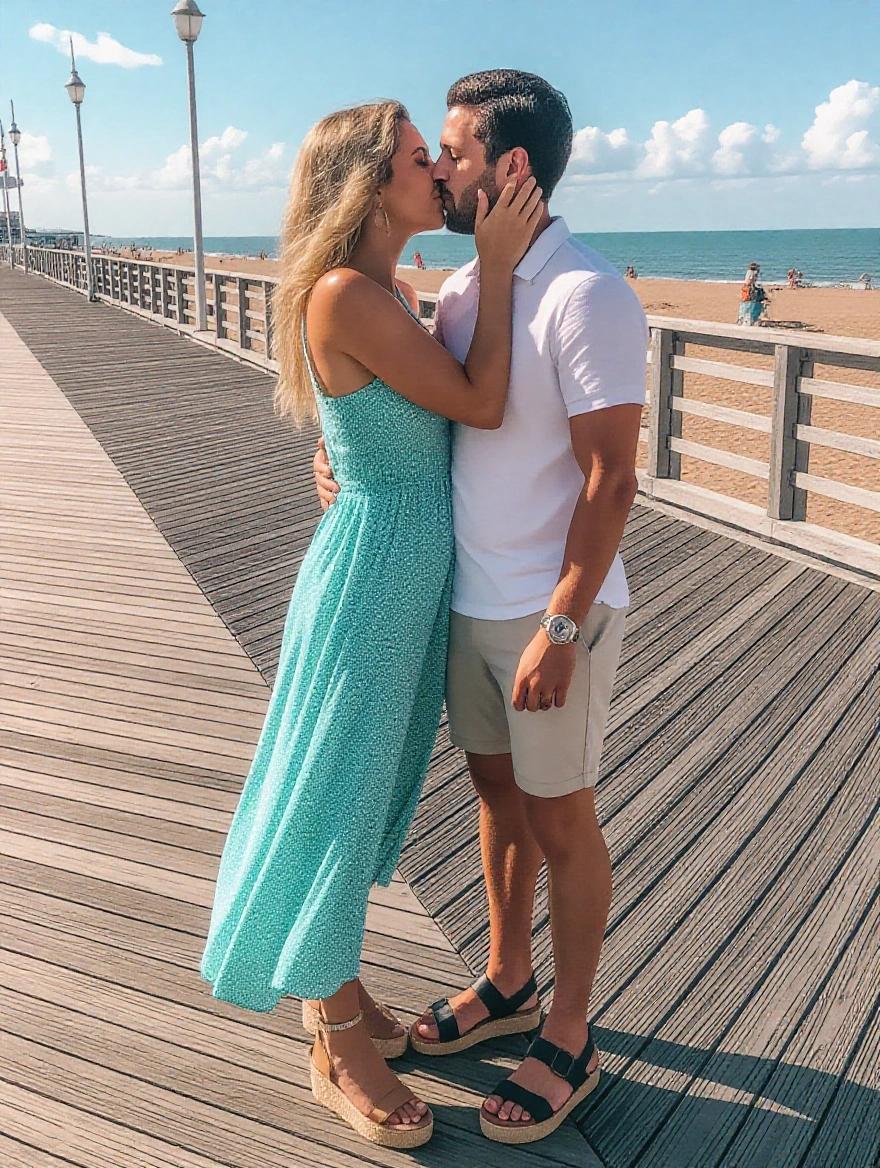 Couple kissing on a beach boardwalk. Woman wears a summer dress. Man stands close, wearing casual shorts and shirt. Background includes beach and some people. Bright sunny day with soft clouds.