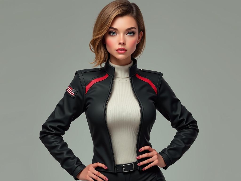 The image features a realistic depiction of a 30-year-old woman with sandy brown hair styled neatly. She has darker eyebrows and striking blue-green eyes. The woman is wearing a sci-fi military uniform made from tough synthetic fabric, which consists of a black jacket layered over a white knit shirt with a flat collar. Her pants are fitted yet comfortable, enhancing her realistic body proportions. The design of the uniform includes red accents that contrast sharply with the black fabric, lending an authoritative appearance. She stands confidently with her hands resting on her hips, showcasing the intricacies and details of her outfit.