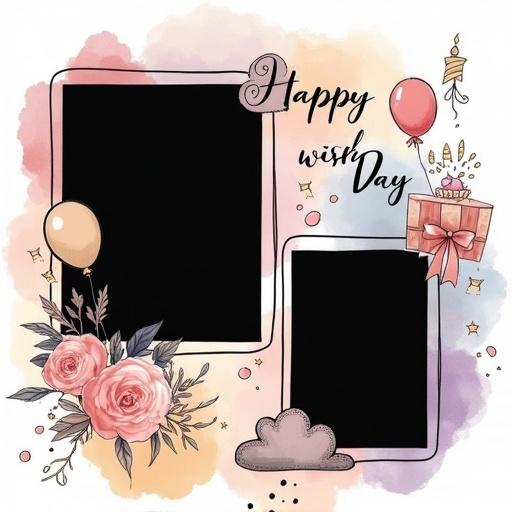 Square birthday-themed photo collage in soft watercolor style. Features two black photo frames, one cloud-shaped in the upper left and one starburst-shaped in the lower right. Background has pastel watercolor textures in pink, lavender, yellow. Decorations include balloons, gifts, cupcakes. Handwritten phrases like 'Happy Day' and 'Wish Big' enhance the design.