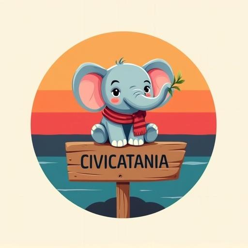 Design playful logo featuring vector style. Main character is a cute cartoon baby elephant with light gray color. Elephant has big expressive eyes and rounded ears with pale pink inside. It wears red and midnight blue striped scarf and holds green sprout with trunk. Elephant stands proudly on rustic wooden sign. Text reads 'CIVICATANIA' in bold, sans-serif, all-caps deep charcoal letters. Background has circular badge with top half warm volcanic red and bottom half Mediterranean blue, symbolizes Mount Etna and Ionian Sea. Style uses flat colors with thick outlines, soft vintage palette, inviting mood, good for print and digital use, readable at small sizes.